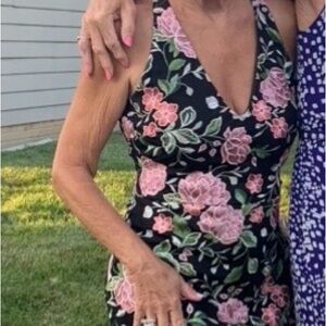 Guess Black Midi Dress with Pink Floral Embroidery
